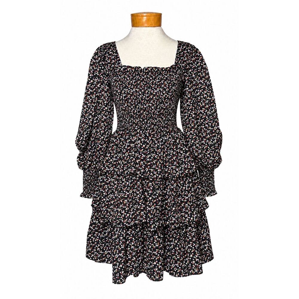 Black Ditsy Floral Smocked Mini Milkmaid Dress Cottagecore Boho Tiered Ruffle S